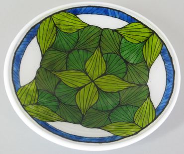 kiln-formed glass bowl, reverse painting on glass