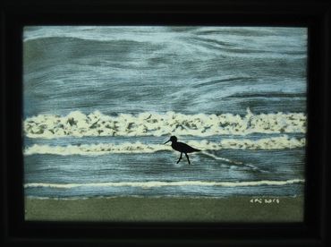 painting on glass, bird on the beach