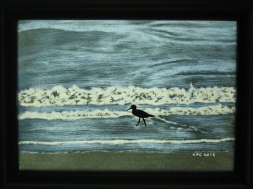 painting on glass, bird on the beach