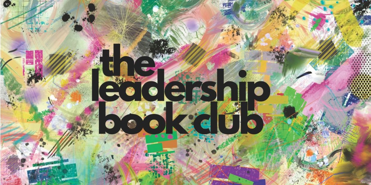 The Leadership Book Club title over colorful abstract background.