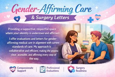 Illustration promoting gender-affirming care with supportive, respectful medical evaluations and surgery letters.