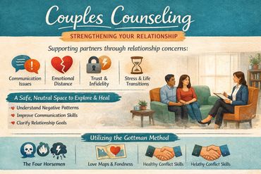 Illustration promoting couples counseling to strengthen relationships using the Gottman Method.