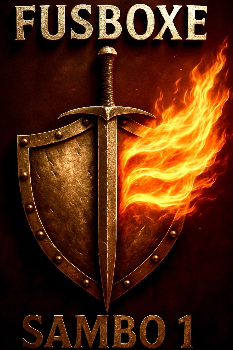 Sword piercing a shield with flames and text 'FUSBOXE SAMBO 1'.