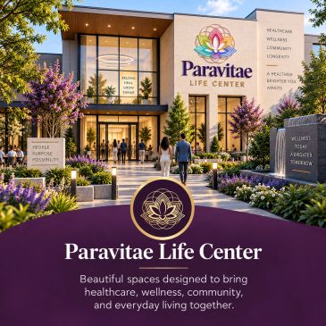 Paravitae Life Center entrance with landscaping and people walking.