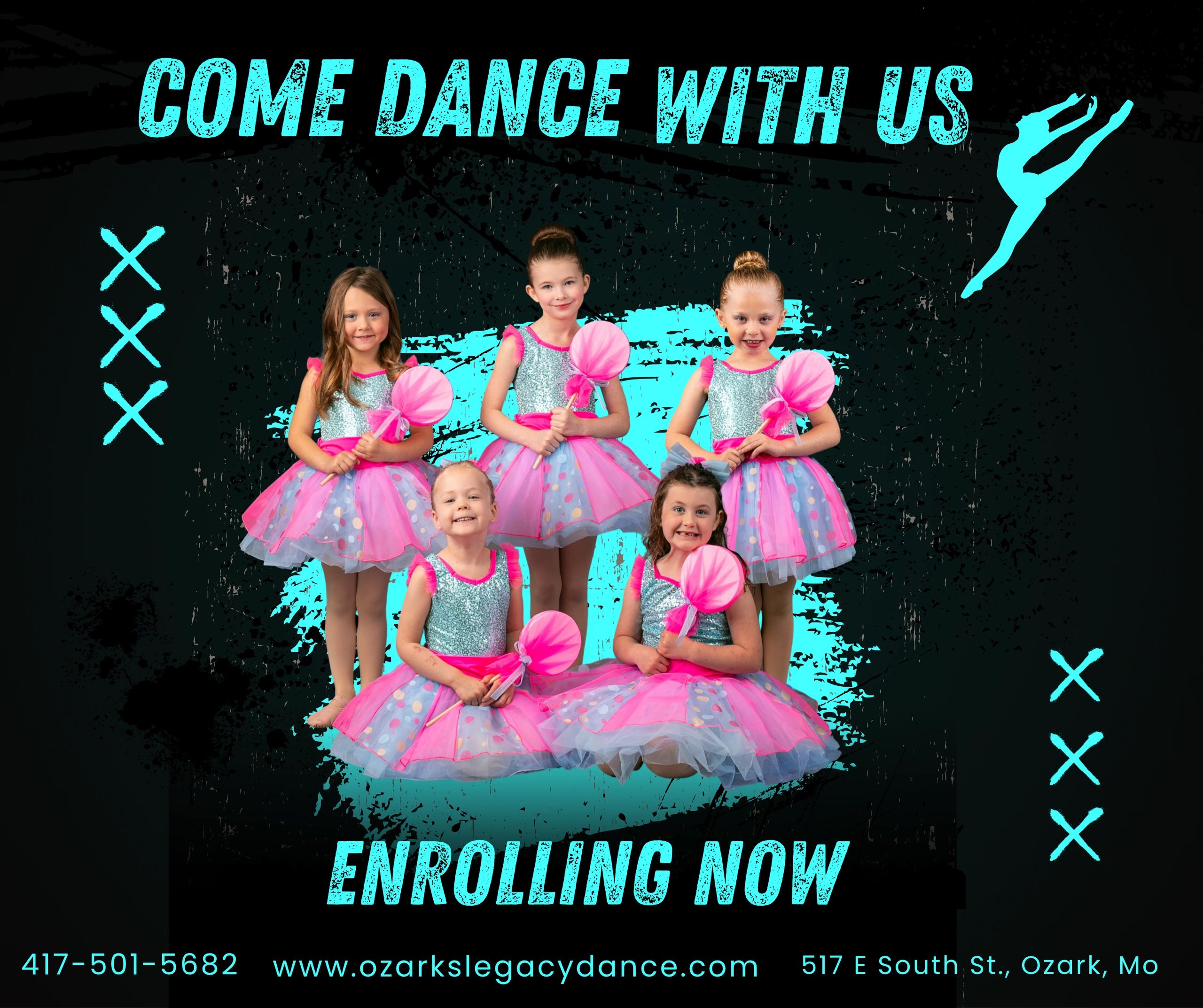 Group of dancers  holding pink lollipops.  Says enrolling now. 