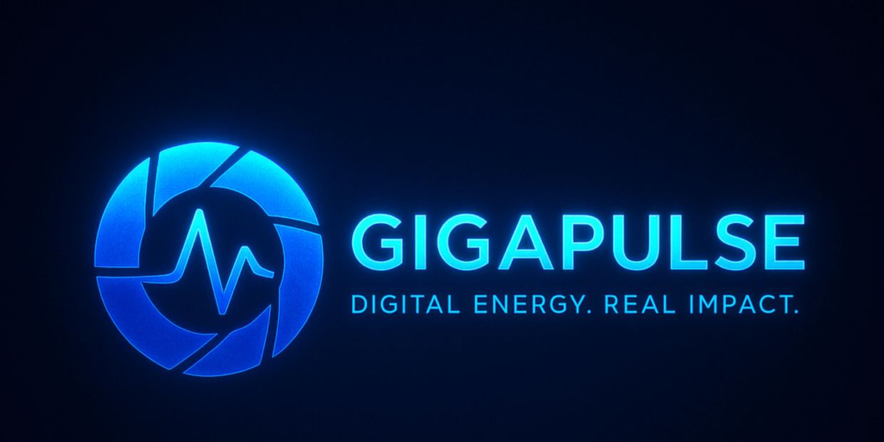 Blue glowing logo of GigaPulse with a digital pulse icon.
