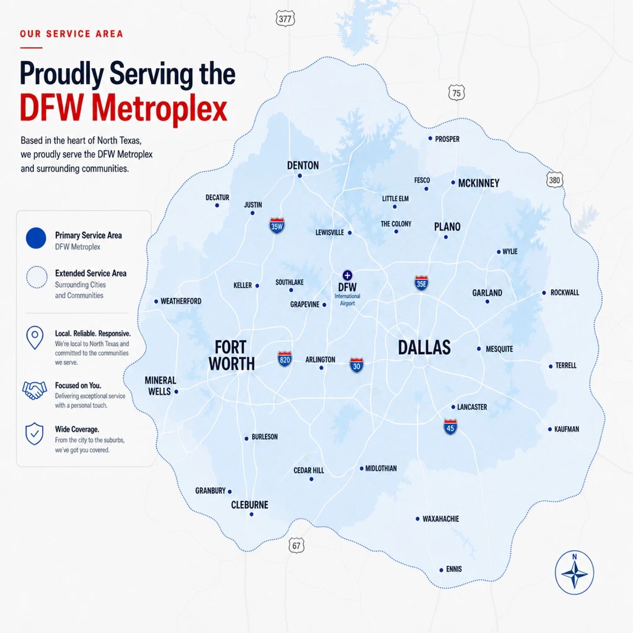 Map showing the DFW Metroplex service area including Dallas, Fort Worth, and surrounding cities.