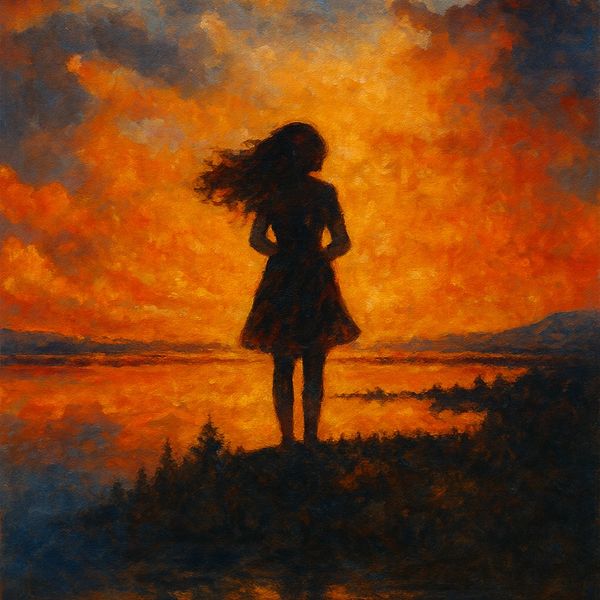 Silhouette of a girl standing against a fiery sunset over a lake.