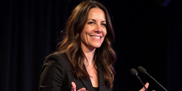 Woman smiling and speaking at a podium.