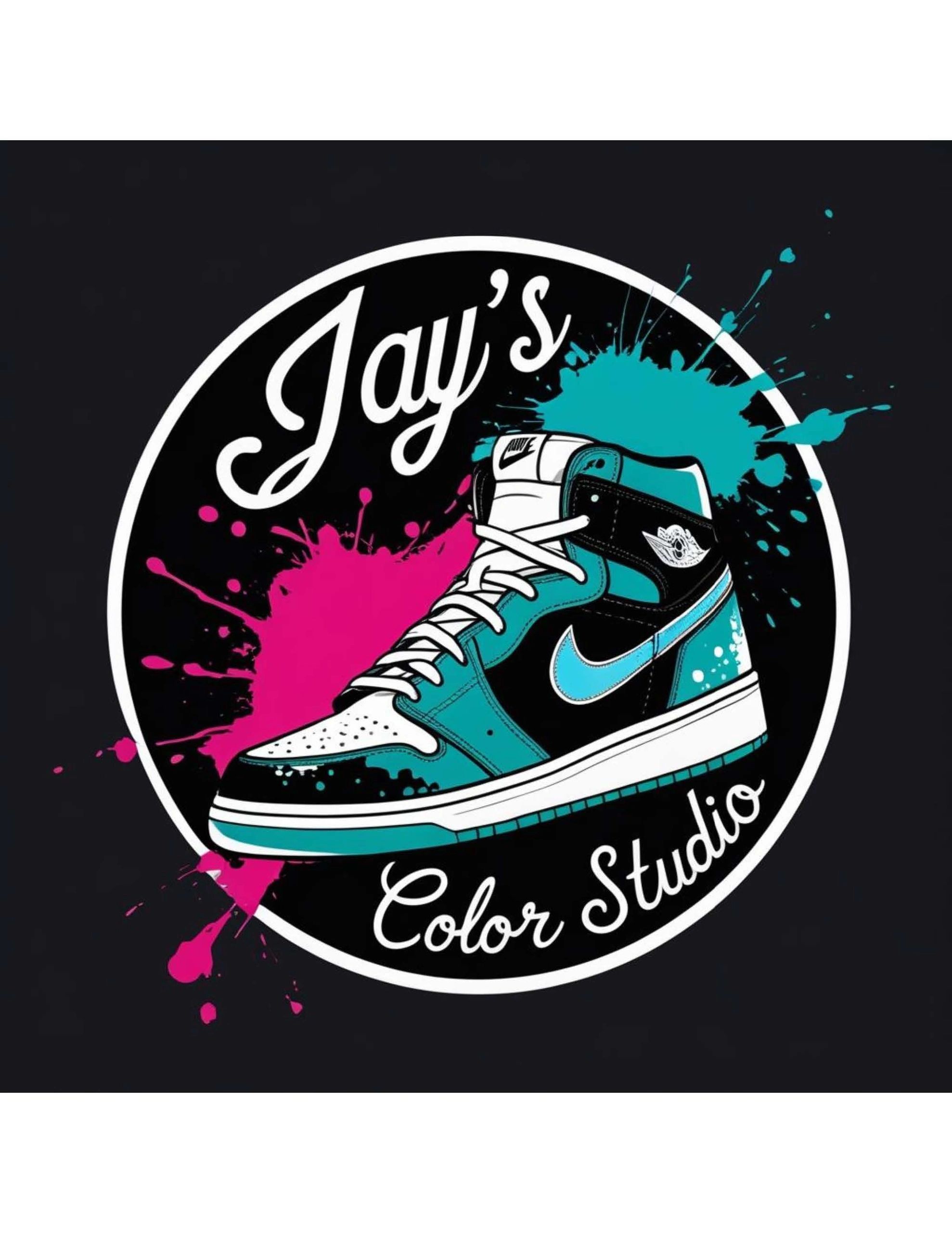 Logo featuring a stylish sneaker with colorful paint splashes and text 'Jay's Color Studio'.