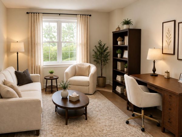 Cozy living room with beige furniture and wooden accents.