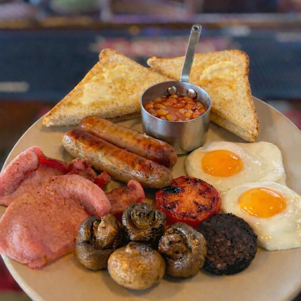 A full English breakfast with toast, sausages, eggs, bacon, mushrooms, tomato, beans, and black pudding.