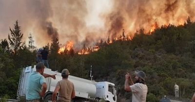 People observe a wildfire burning on a hillside with smoke rising.