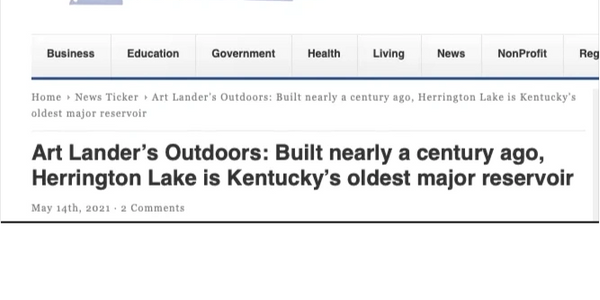 Kentucky Tribune newspaper article about Herrington Lake. Herrington Lake is Kentucky's oldest reser