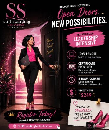 Businesswoman opening door to new opportunities with leadership course.