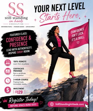 Businesswoman standing confidently on a mountain top with motivational text.