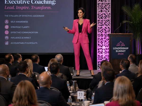 Woman in a pink suit speaking at Leadership Summit 2024.