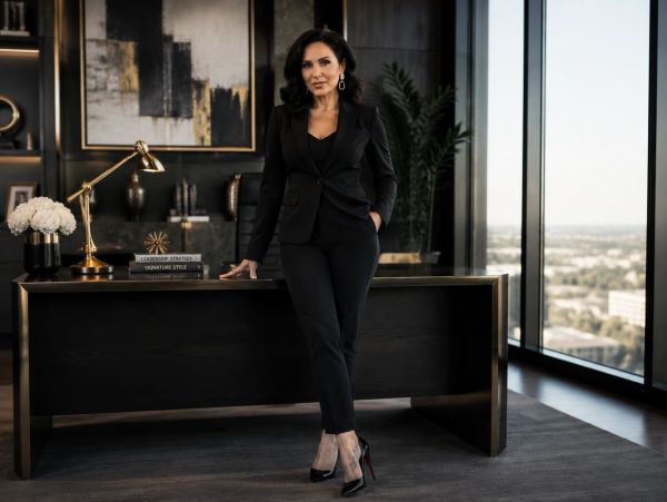Confident woman in black suit standing by an office desk.