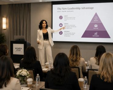 Woman presents leadership strategies to an audience.
