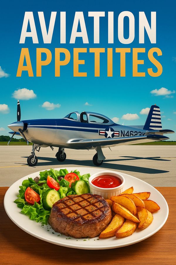 A vintage airplane on runway with a plate of steak, salad, and potato wedges.