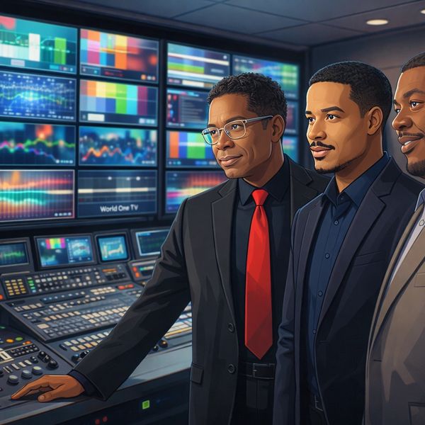 Three men in suits working in a TV control room with multiple monitors.
