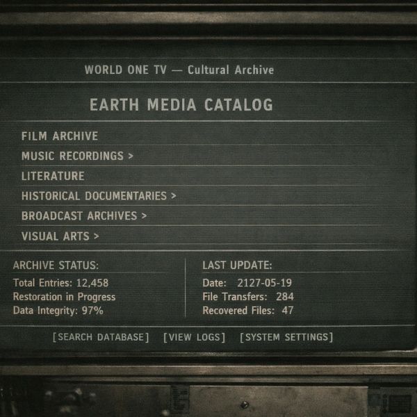 A futuristic Earth Media Catalog interface showing archive and update details.