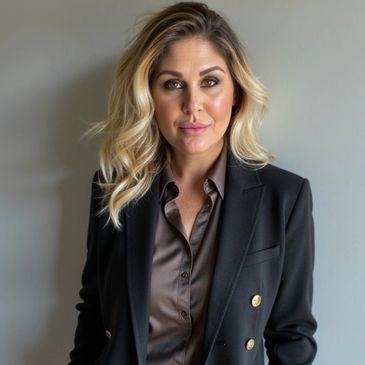 Confident woman in a black blazer and brown shirt against a plain background.