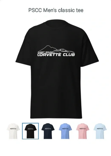 Black PSCC men's classic tee with white Puget Sound Corvette Club logo.