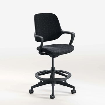 Black ergonomic office chair with wheels and armrests on a white background.