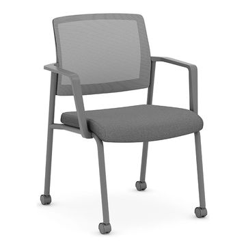 Gray office chair with mesh back and wheels on legs.