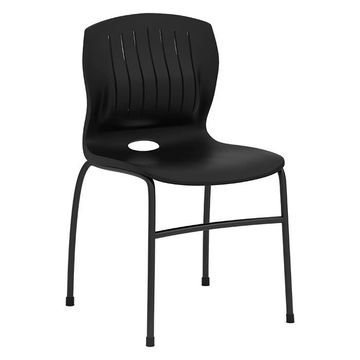 A black plastic chair with metal legs and a hole in the seat.