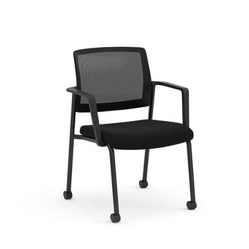 Black office chair with mesh back and wheels on legs.