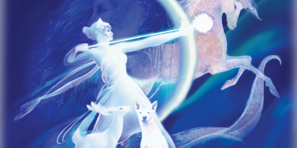 Mystical archer with spectral animals and a unicorn in a dreamlike blue scene.