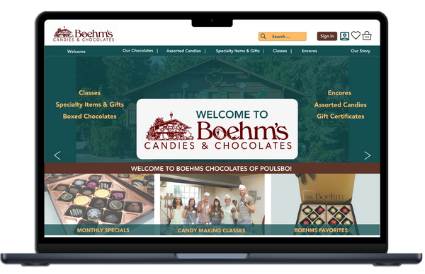 Boehm's Candies & Chocolates website homepage showcasing chocolates and candy-making classes.
