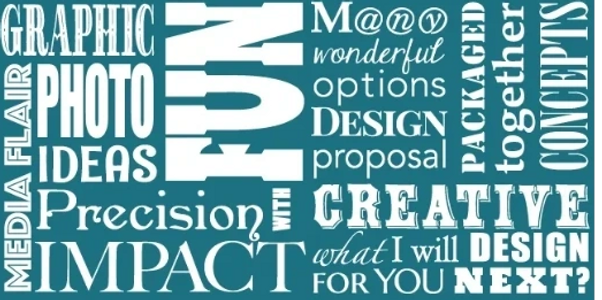 Typography collage with creative design and media-related words.