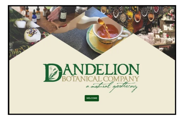 Dandelion Botanical Company logo with natural apothecary theme and images of tea and herbs.