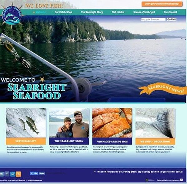 Website homepage showcasing Seabright Seafood's sustainable fishing and fresh salmon products.