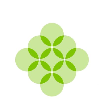 Abstract geometric design with overlapping green circles and leaf shapes.