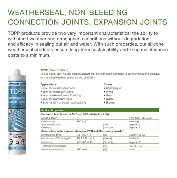 Silicone sealant product with weatherproofing features and specifications.
