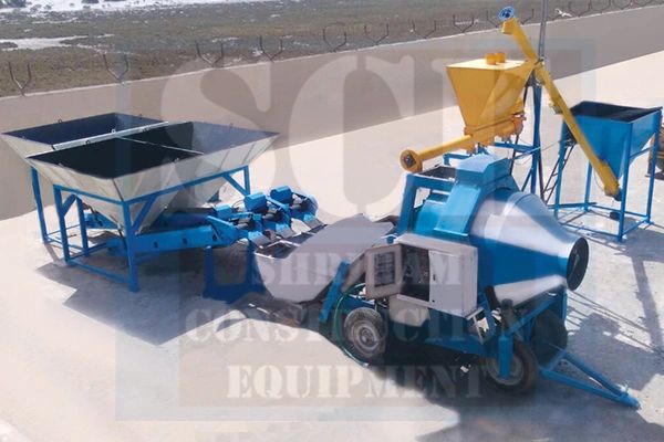 REVERSIBLE CONCRETE MIXER WITH AUTOMATIC MATERIAL FEEDING SYSTEM / MINI MOBILE BATCHING PLANT