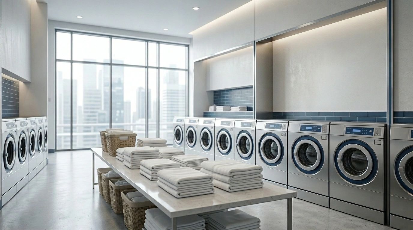 Modern laundromat with washing machines and folded towels.