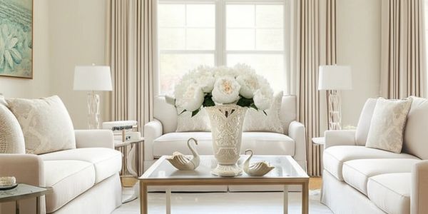 Elegant living room with cream sofas, a glass coffee table, and white floral centerpiece.