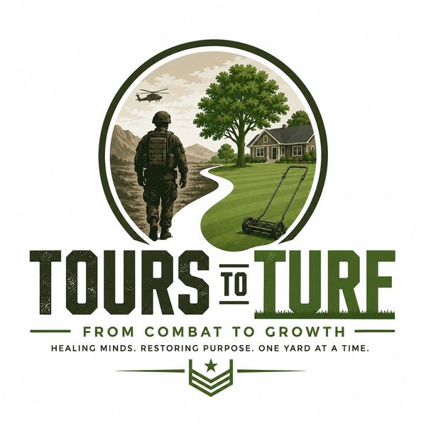 Logo depicting transition from military combat to peaceful yard work with mower and soldier.
