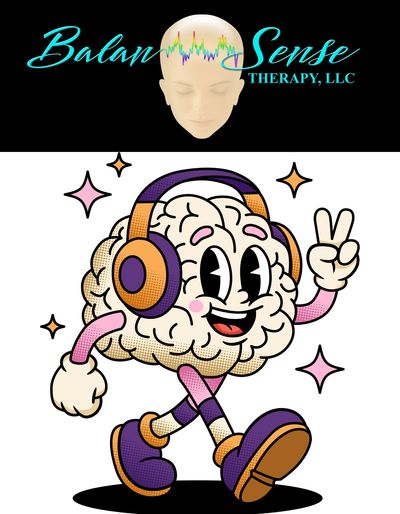 BalanSense-Therapy LLC Logo and underneath a brain walking with headphones on and stars surrounding 