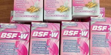 Boxes of BSF-W herbal supplement displayed on a table.