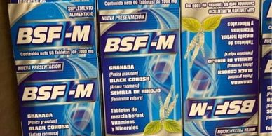 Boxes of BSF-M dietary supplement with herbal ingredients.