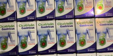 Boxes of Cicatrísan Gastricus tablets for colitis treatment.