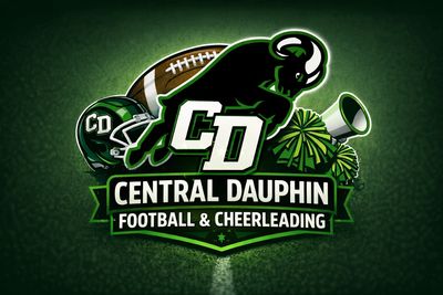 Central Dauphin football and cheerleading logo with a ram and sports equipment.