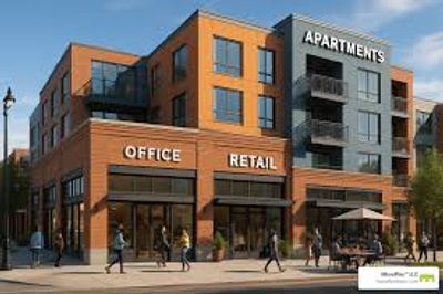 Modern mixed-use building with office, retail, and apartments.