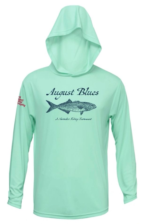 Mint green hooded fishing shirt with "August Blues" and fish graphic.
